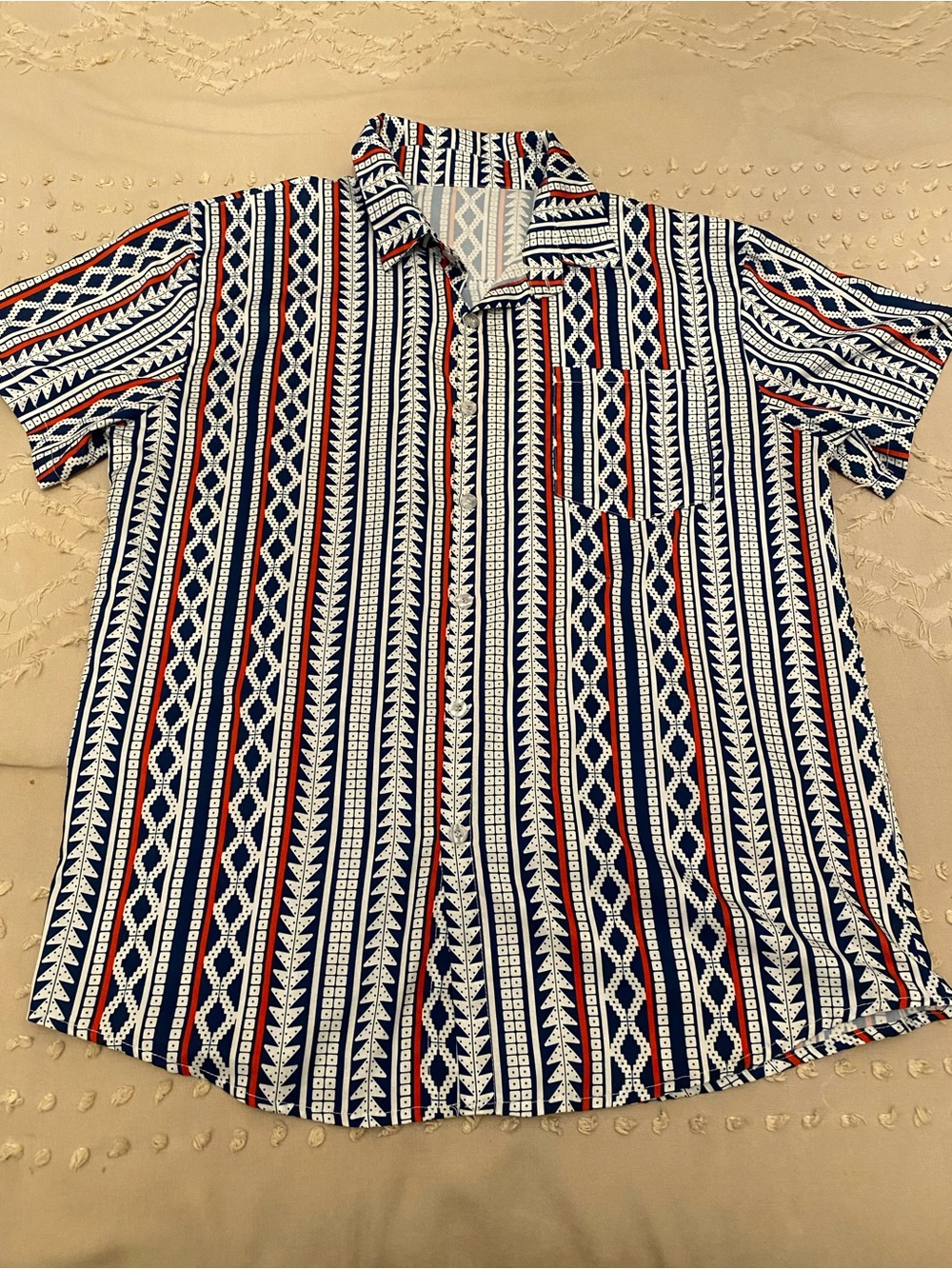 SHEIN Navy, White & Red Striped Short Sleeve Button-Down Shirt